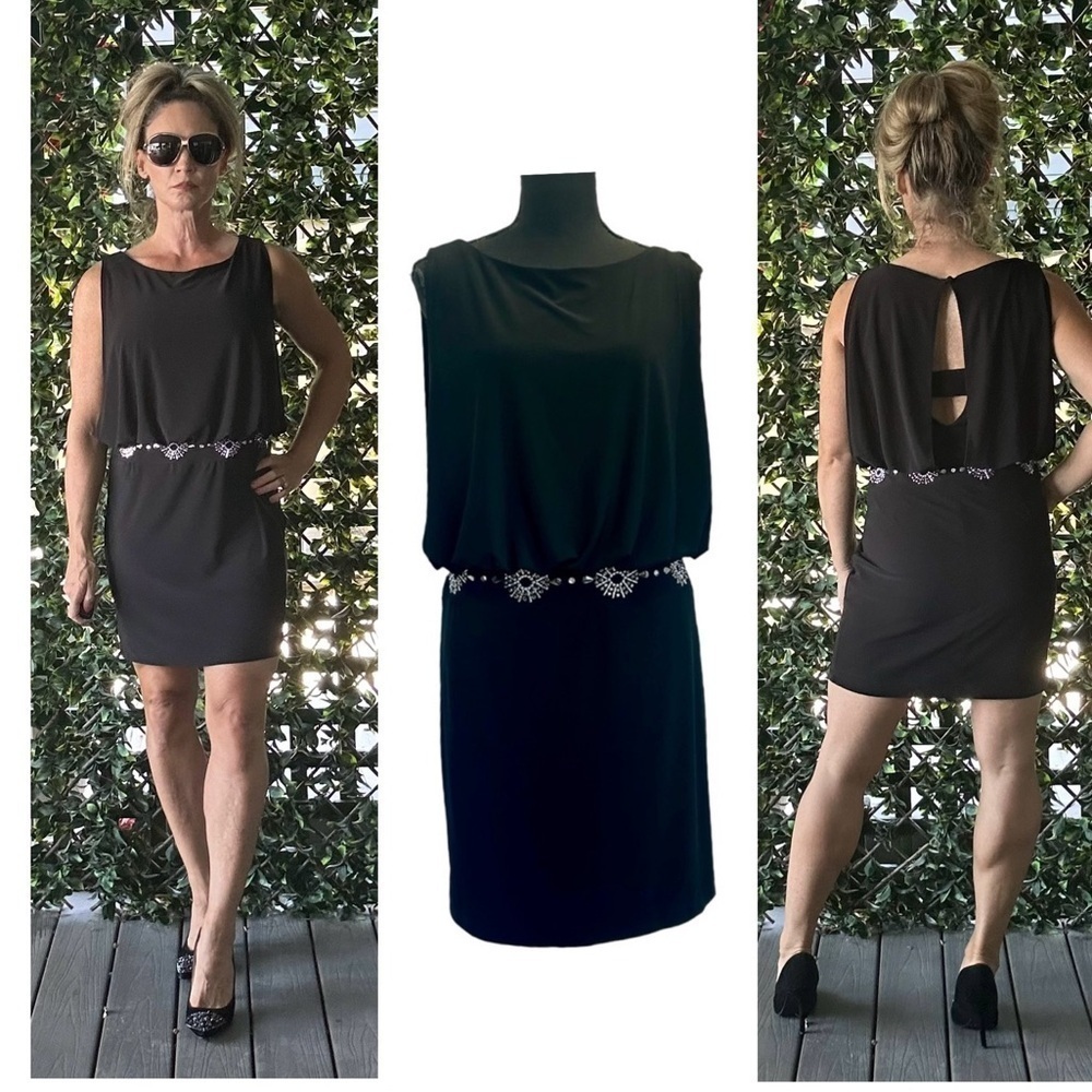 Frank Lyman Design black sleeveless silver beaded studs draped midi dress Sz 8